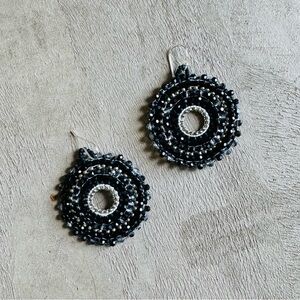 NWOT Black and Silver Beaded Dangle Mandala Earrings Indian Style 2” Circles